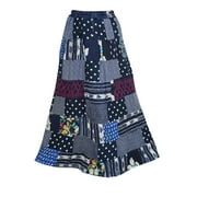 Mogul Women's Vintage Maxi Skirts Blue Printed Patchwork Rayon Long Skirts