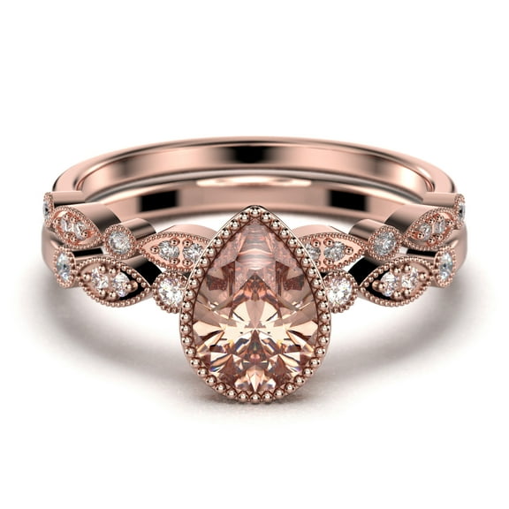 Dazzling Boho & hippiepie 1.75 Carat Pear Cut Morganite And Diamond Moissanite Engagement Ring, Wedding Ring, One Matching Band in 925 Sterling Silver With 18k Rose Gold Plating, Birthday Gift