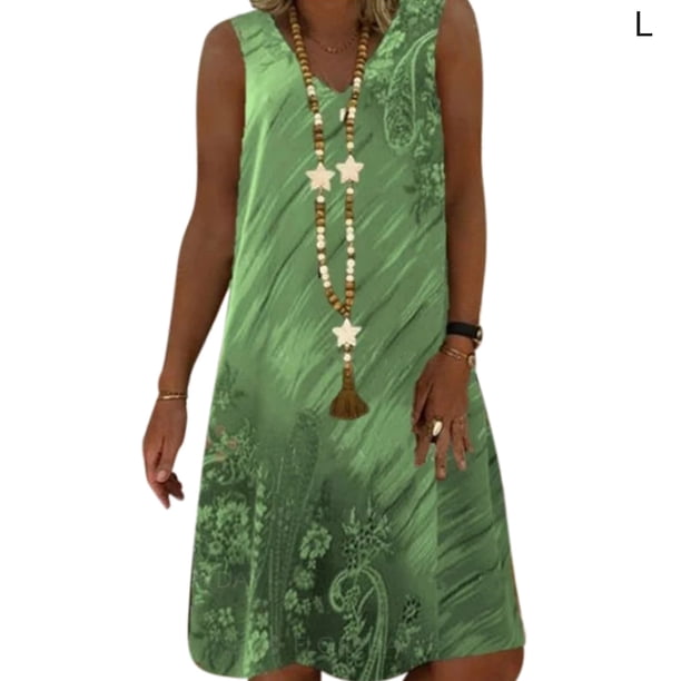 Vestido De Mujer Con Cuello En V Vestido De Chaleco Sin Mangas Con Estampado De Tela De Verano, Verde, L Eigraketly AP002185-11