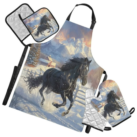 5 Pcs Kitchen Set Heat Resistant Oven Mitts and Non-Slip Pot Holders with Adjustable Cooking Apron Horse Galloping in Snow