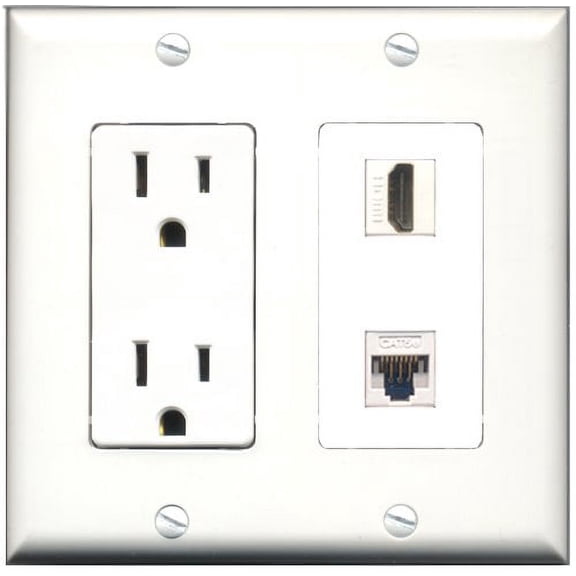 RiteAV - 15 Amp Power Outlet and 1 Port HDMI and 1 Port Cat5e Ethernet White Decorative Type Wall Plate White