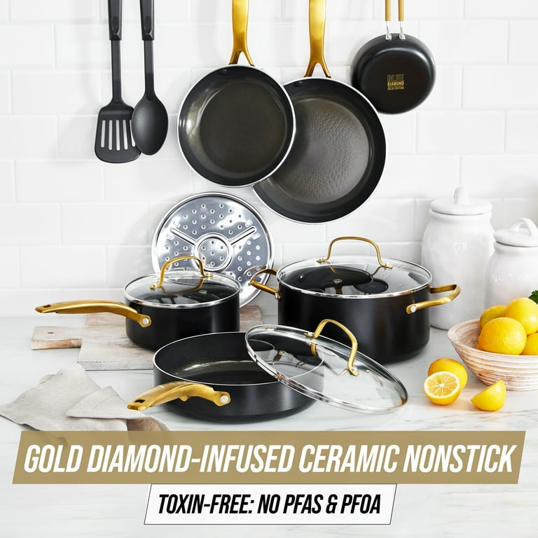 Blue Diamond Gold Edition Ceramic Nonstick 12 Piece Cookware Set,  PFAS-Free, Gold