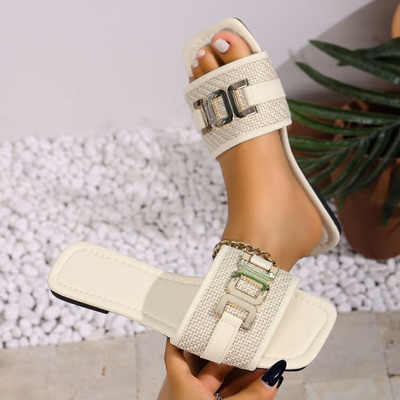 Ytobaz Slide Sandals for women Woven Buckle Flat Sandals Open Toe Slides Office Vacation Travel Walking Daily Casual Comfortable Footwear