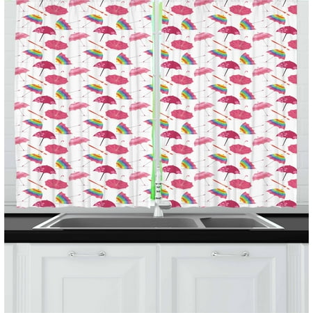 Bubble Panel - Umbrella Curtains 2 Panels Set, Bubble Shaped Colorful Striped and Pink Colored Floral Set of Different Umbrellas, Window Drapes for Living Room Bedroom, 55W X 39L Inches, Multicolor, by Ambesonne