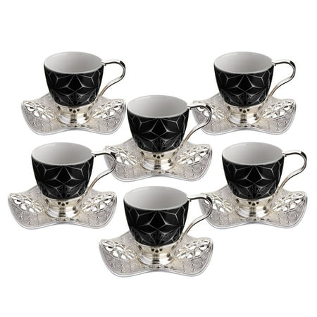 

Nisa Turkish Coffee Cup Set | Handmade Turkish Porcelain Coffee Cups with Wavy Metal Saucers and Cup Holders | Artisanal Greek Arabian Coffee Cups Set of 6 | Juegos de Tasas de Cafe Black and Silver