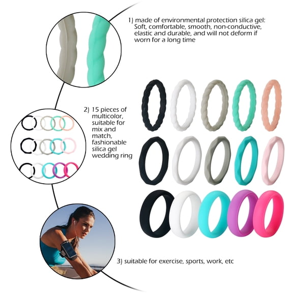 Avaner Silicone Wedding Ring for Women: 15 Pack 3mm Width Breathable Air Grooves Silicone Rubber Wedding Engagement Bands New Year Valentine's Day Gift, Size 4