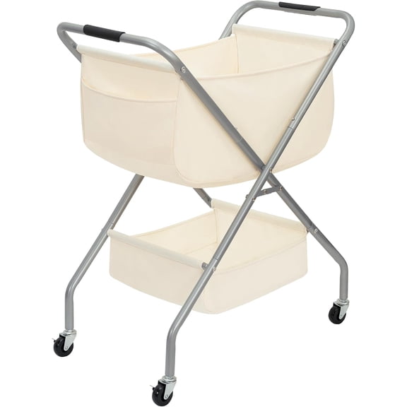 Collapsible Laundry Cart with Wheels 31.5"H Rolling Laundry Hamper Clothes Basket with Wheels, Canvas Liner Sturdy Steel Frame Folding for Small Narrow Space Easy Storage, Beige