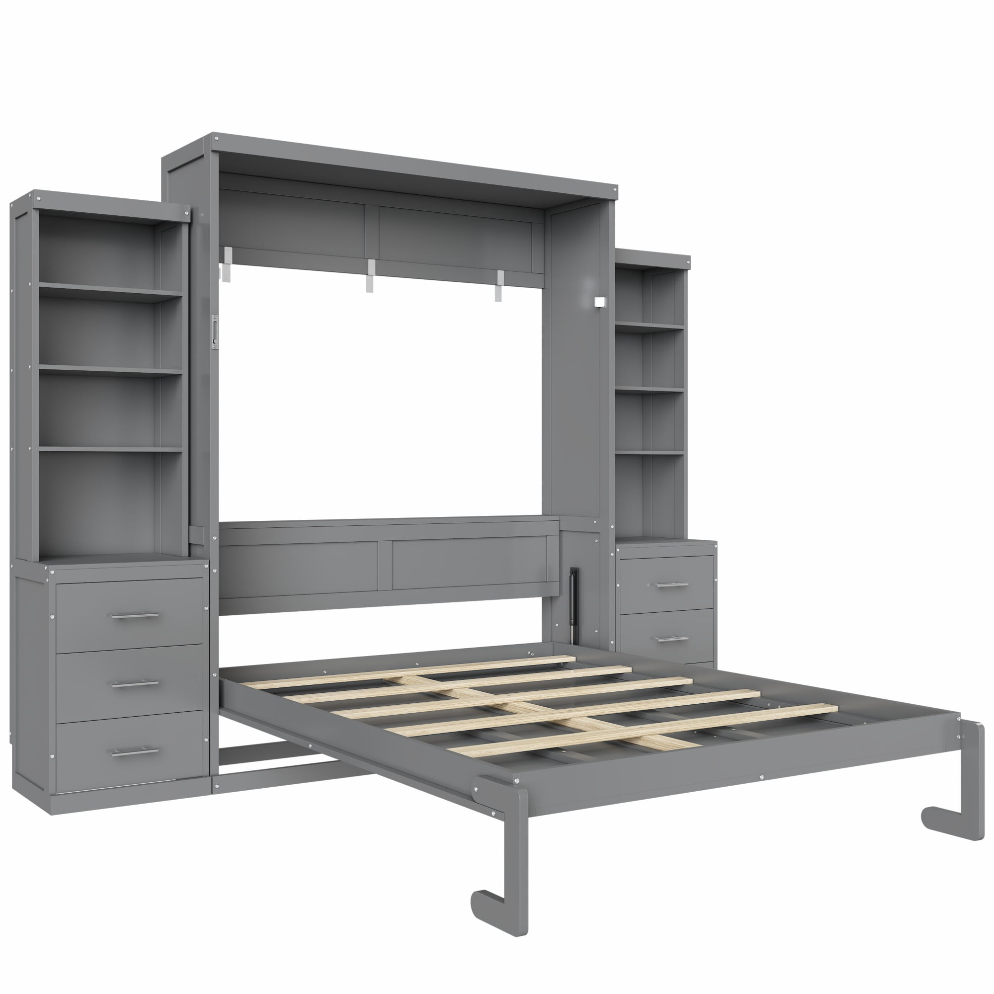 Full Size Murphy Bed with Dual 4 Storage Shelves and 3 Drawers Cabinet for Space-Saving Guest Room