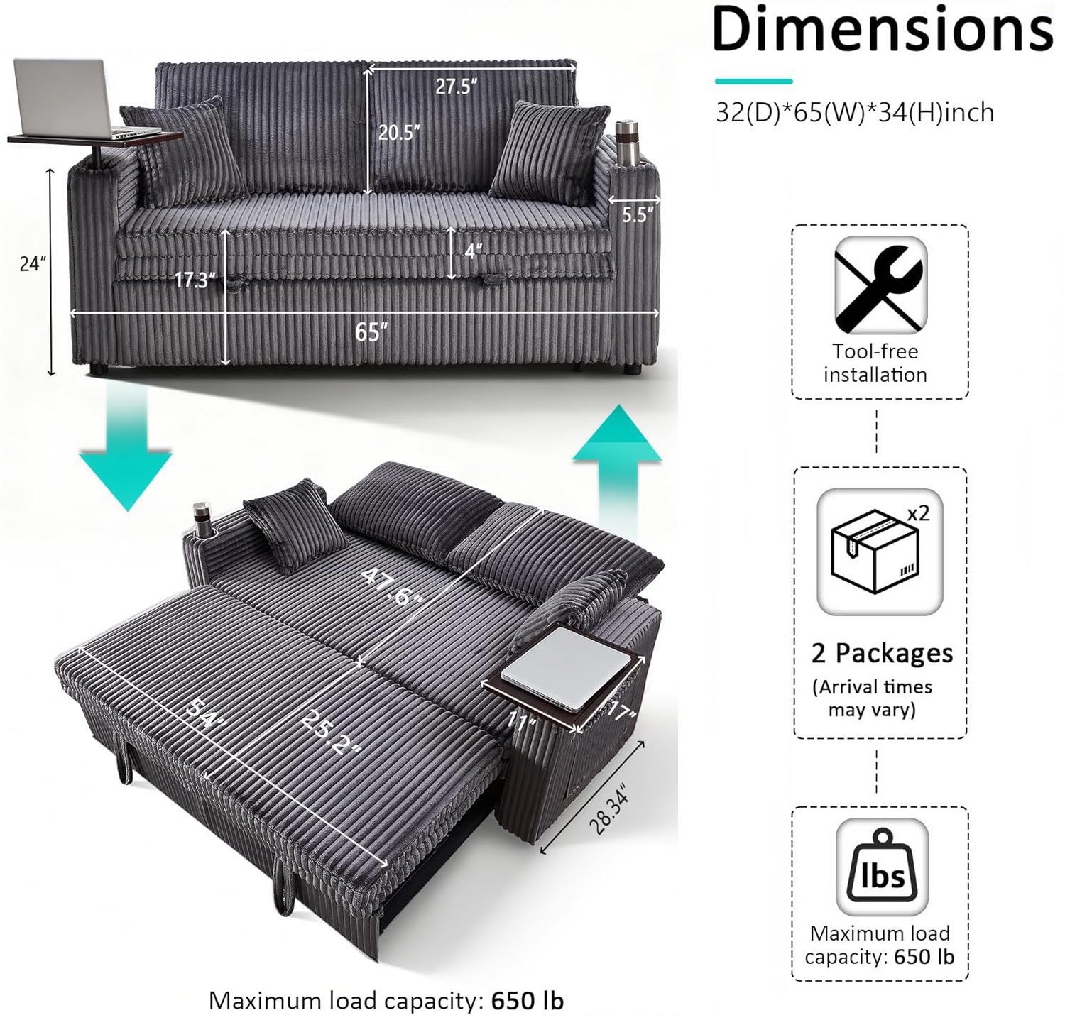 65in Sleeper Sofa Bed, Convertible Pull Out Couch with Small Table, USB Ports & Adjustable Backrest, Corduroy Loveseat Sofa Bed for Apartment, Bedroom, Living Room (Dark Gray)