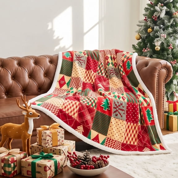 Sahpxhe Christmas Throw Blanket, Patchwork Plaid Pine Tree Snowflake Pattern Soft Warm Fluffy Blanket for Sofa Bed Indoor Home Decor