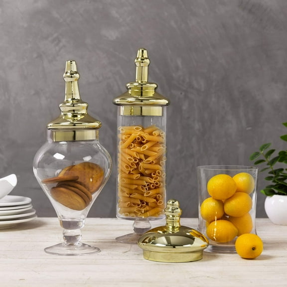 MyGift 3 Piece Antique-Theme Glass Apothecary Jars with Metallic Brass-Tone Lids
