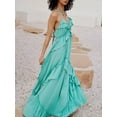 thumbnail image 3 of Mint Blue Womens Boho Spaghetti Strap Maxi Dress With Tiered Ruffles, Low Cut, Backless, Flowy Beach Cover-Up, 3 of 8