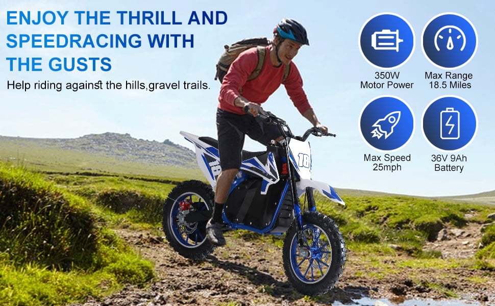 Mohsoe 350W 36V Mini Motocross Bike for Children, 10 Inch All-Terrain Tires, 3 Speed Gearbox, 25KM/H Max Speed, Overheat Protection Circuit, Fits 1.2-1.4m Height, 47 x 28 Inch