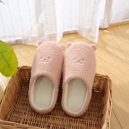 Image of 1 Pair Plush Slippers Cute Animal Soft Bottom Non-slip Floor Shoes Home Slippers Women Slides Light Pink XL