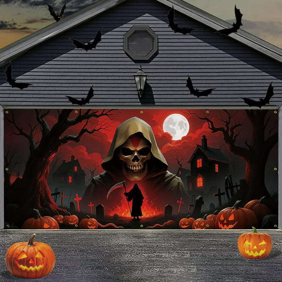 Cubierta para puerta de garaje BEAUTE ELITE, 7 x 16 pies, Halloween Grim Reaper