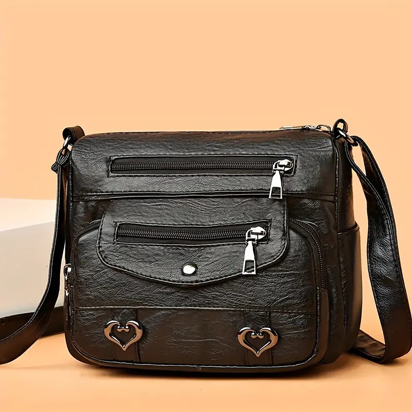 Crossbody Bags for Women Pocketbooks Soft PU Leather Purses and Handbags Multi Pocket Vintage Shoulder Bag with Heart Decor Black