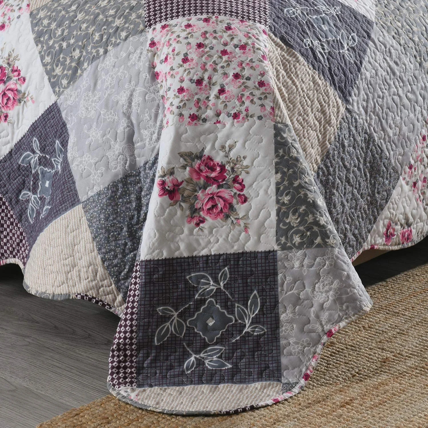 EWAYBY King Quilt Bedding Set 3-Piece Bedspread Coverlet Set Reversible Floral Patchwork Quilt Sets, Gray