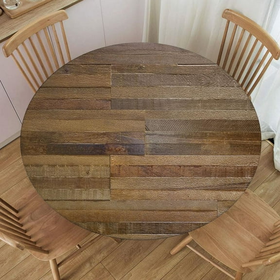 Hardwood Reclaimed Wood Textured Background Round Fitted Tablecloth with Elastic Edge Table Cover for Party Picnic Decor, Fit for Diameter 28.2"-32.1" Round Table, Style 193