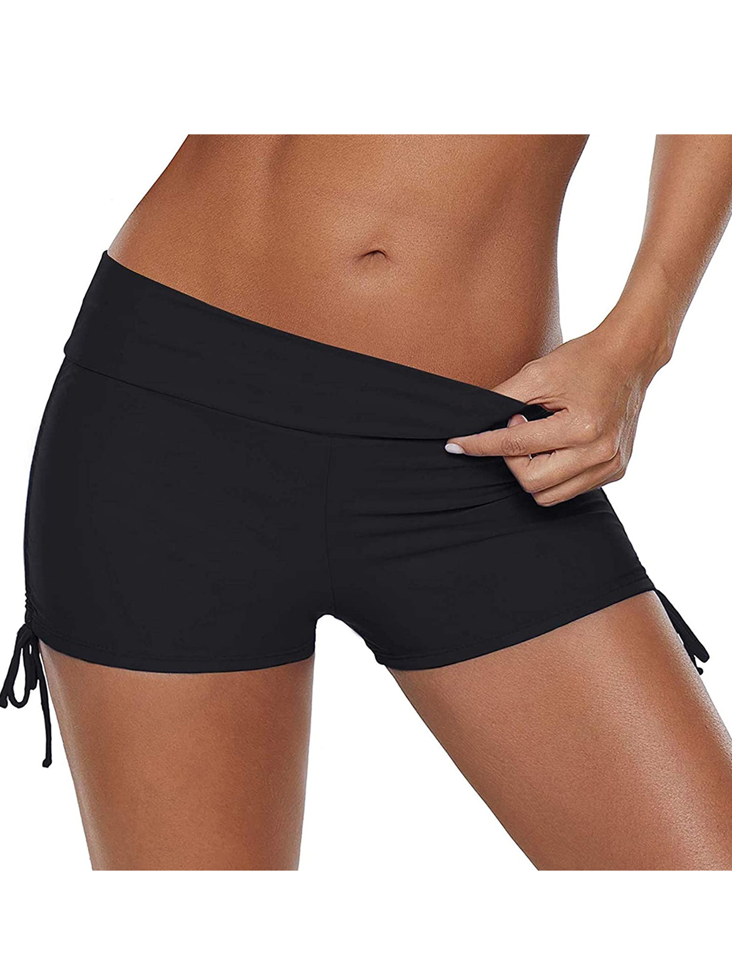 WakeUple Women Swim Shorts High Waist Sides Drawstring Stretch Sports