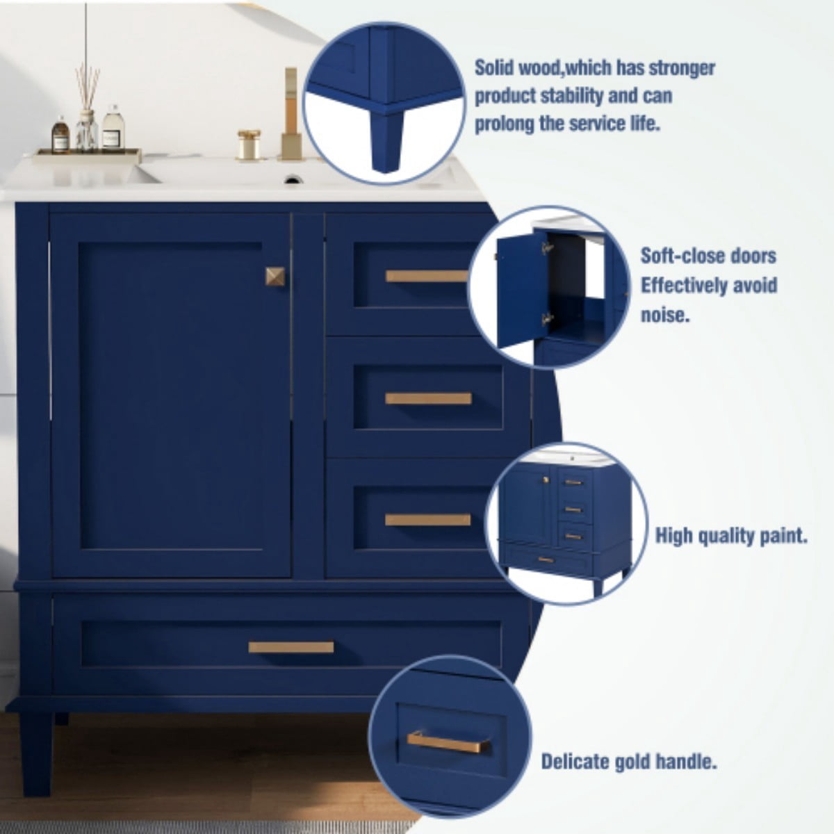 30" Bathroom Vanity with Ceramic Sink, Freestanding Bathroom Cabinet, Soft Close Door, 3 Drawers, Solid Wood Frame, Blue