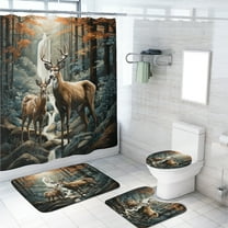 Deer 4 Pcs Shower Curtain Set Nature Forest Wildlife Animal Elk Woodland Waterfall with Toilet Lid Cover and Bath Mat, Waterproof Shower Curtain with 12 Hooks, 72x72 Inch