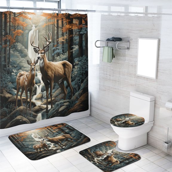 Deer 4 Pcs Shower Curtain Set Nature Forest Wildlife Animal Elk Woodland Waterfall with Toilet Lid Cover and Bath Mat, Waterproof Shower Curtain with 12 Hooks, 72x72 Inch