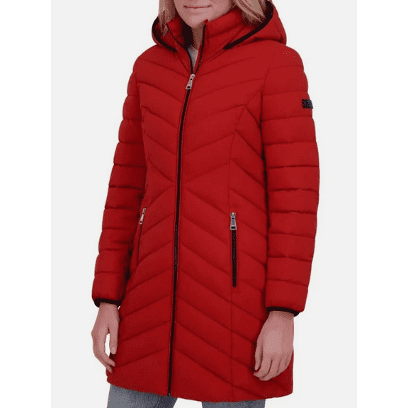 DKNY Women's Stretch Walker Coat Hoodie Red XS