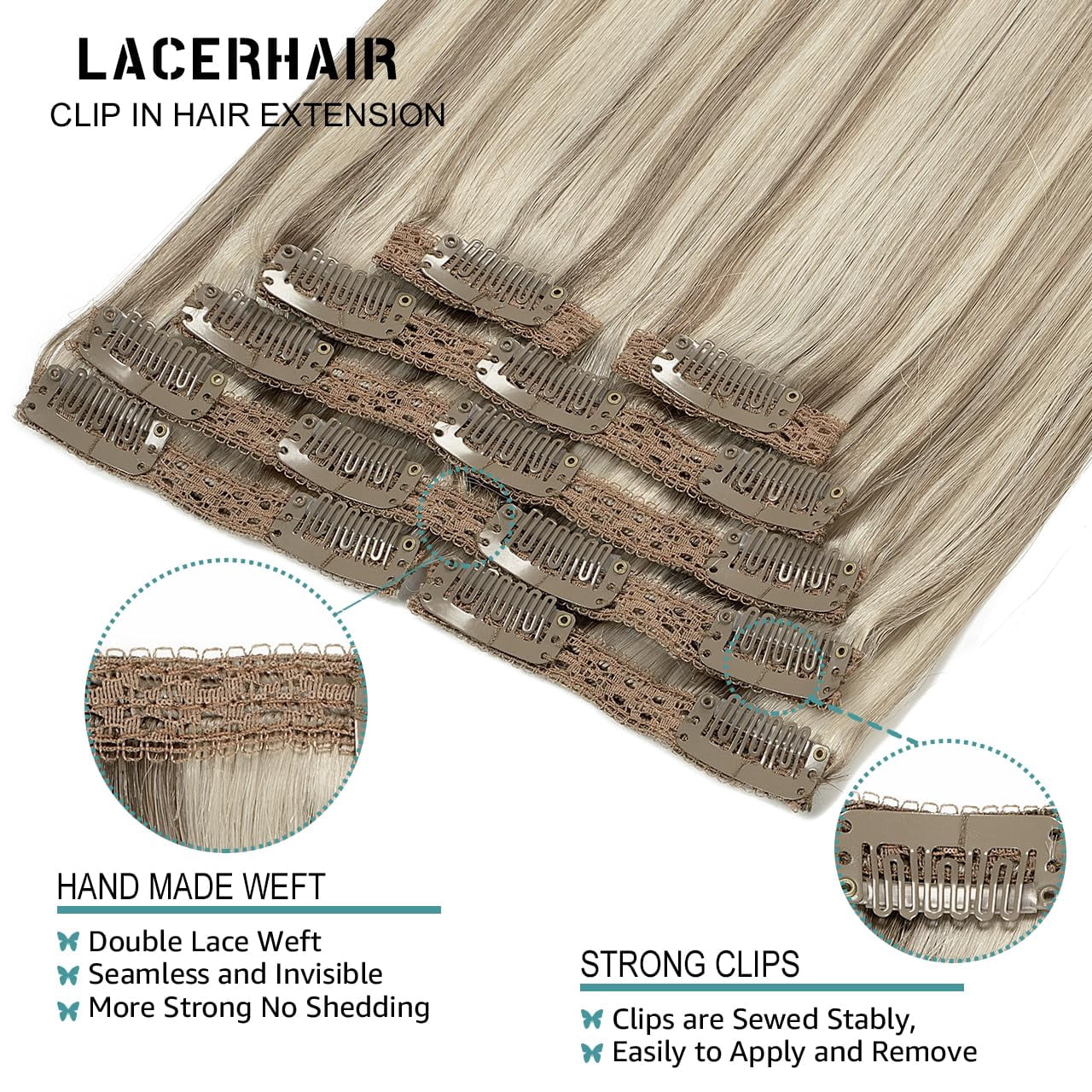 Lacer Clip in Hair Extensions Real Human Hair Golden Blonde Highlight Platinum Blonde Remy Human Hair Extensions Clip ins for Women 14 Inch 120g 7Pcs Natural Human Hair