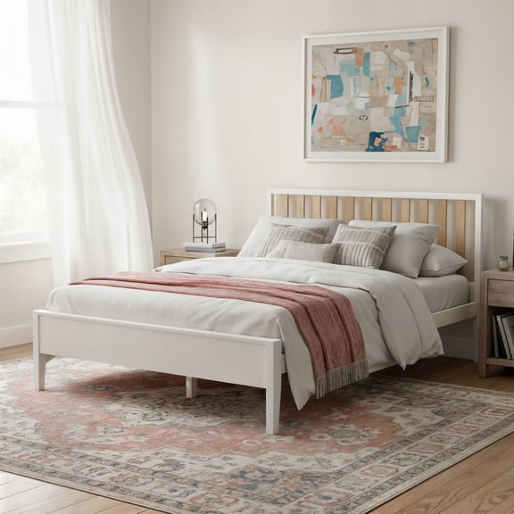 Scandinavian Queen-Size Bed with Slatted Headboard, White/Blonde