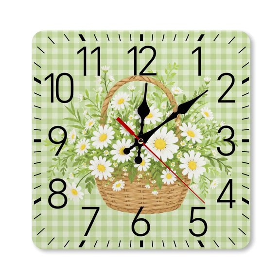 RKSupls 10×10inch Square Silent Wall Clock Wooden Frame, Daisy Basket Gingham Scale Decorative Clock for Home Bedroom Living Room Office