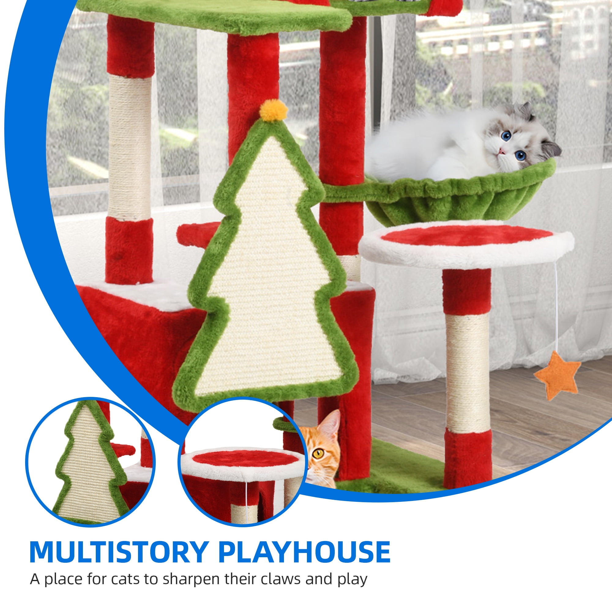 Dextrus 75" Cat Tree Tower Condo,Multi-Level Christmas Decor Cat Climbing Tower with Top Perches, Hammock, Scratching Posts,for Indoor Kittens' Play Center ,Chrismas Decor