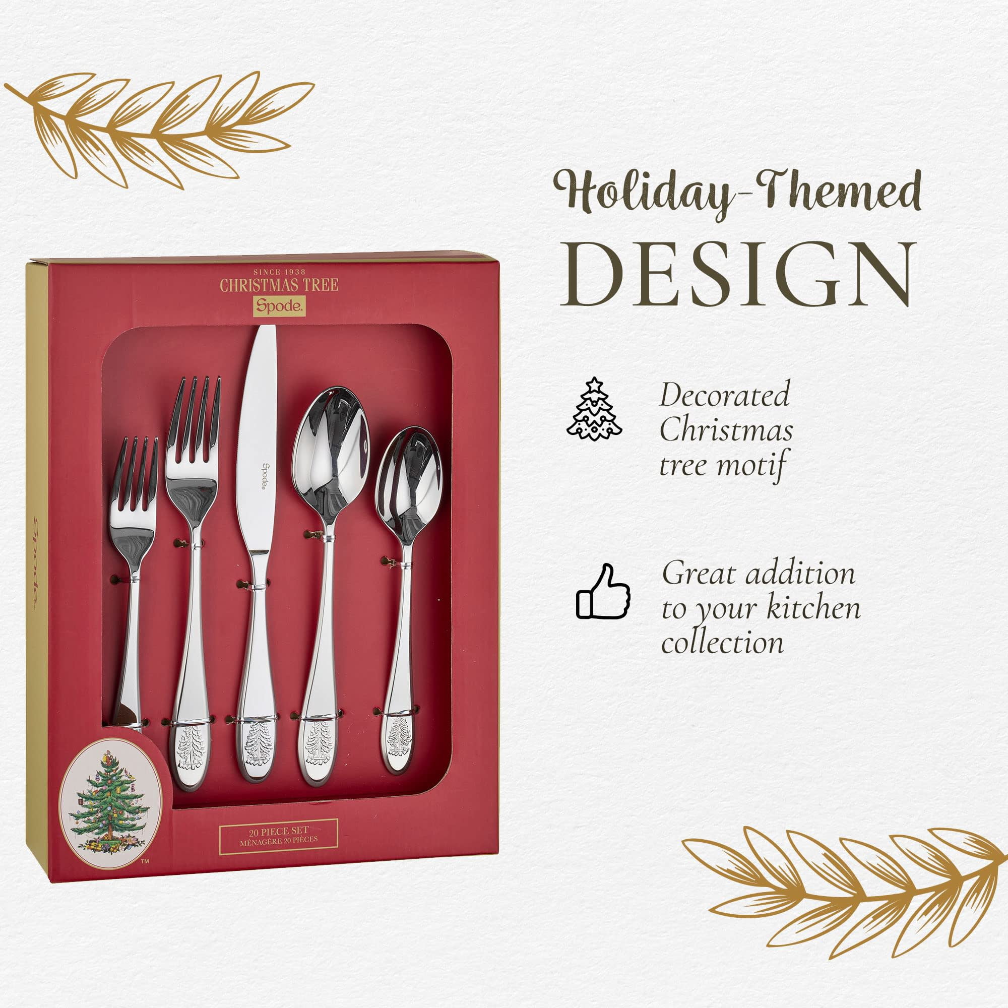 Spode Christmas Tree 20-Piece Stainless Steel Flatware Set - Holiday Themed Cutlery, Dishwasher Safe