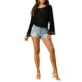 thumbnail image 2 of INSPIRE CHIC Women's Tops Bell Sleeves Boho Lace Eyelet Smocked Waist Peasant Blouse L Black, 2 of 7