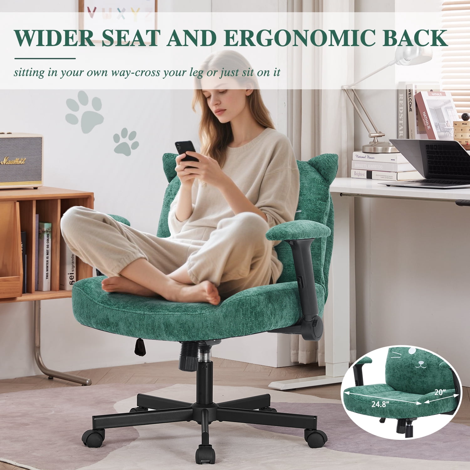 Criss Cross Legged Chair with Wheels and Flip-up Arms, Ergonomic Wide Seat Computer Desk Chair, Comfortable Home Office Computer Chair 300lbs