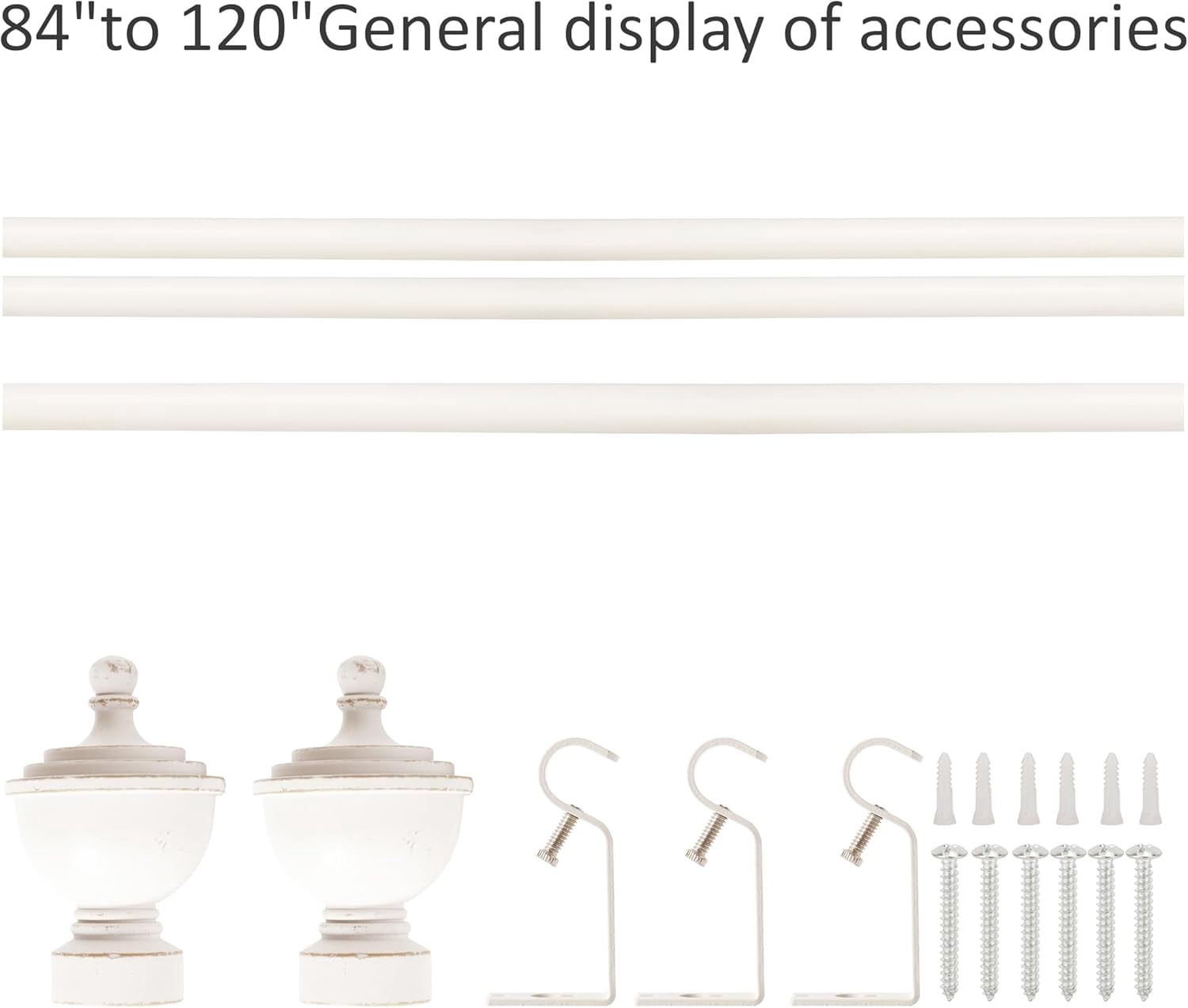 eTeckram 5/8" Single Curtain Rod with Royale Finials,Weathered White,84‘’-120‘’