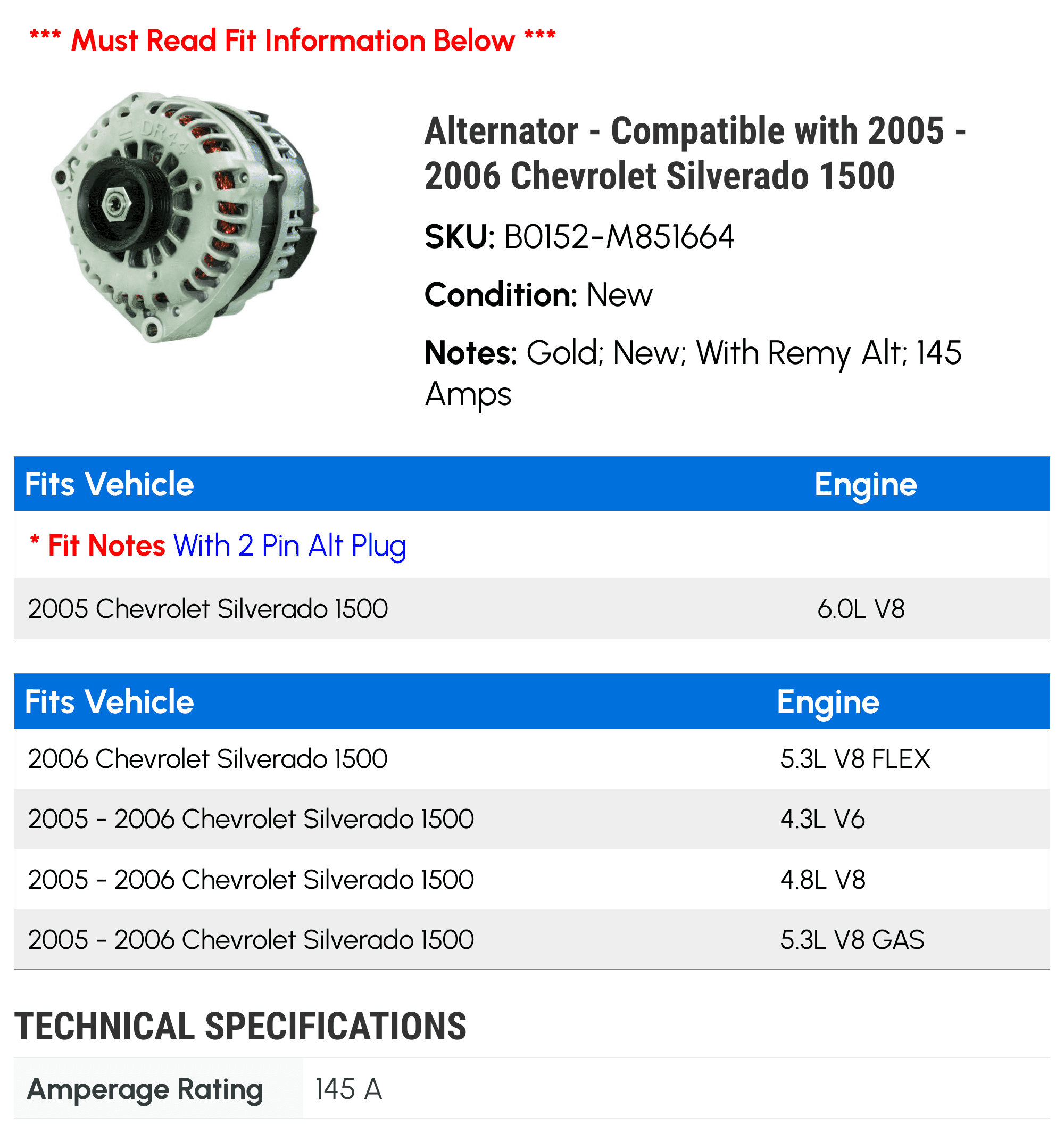 Alternator - Compatible with 2005 - 2006 Chevy Silverado 1500