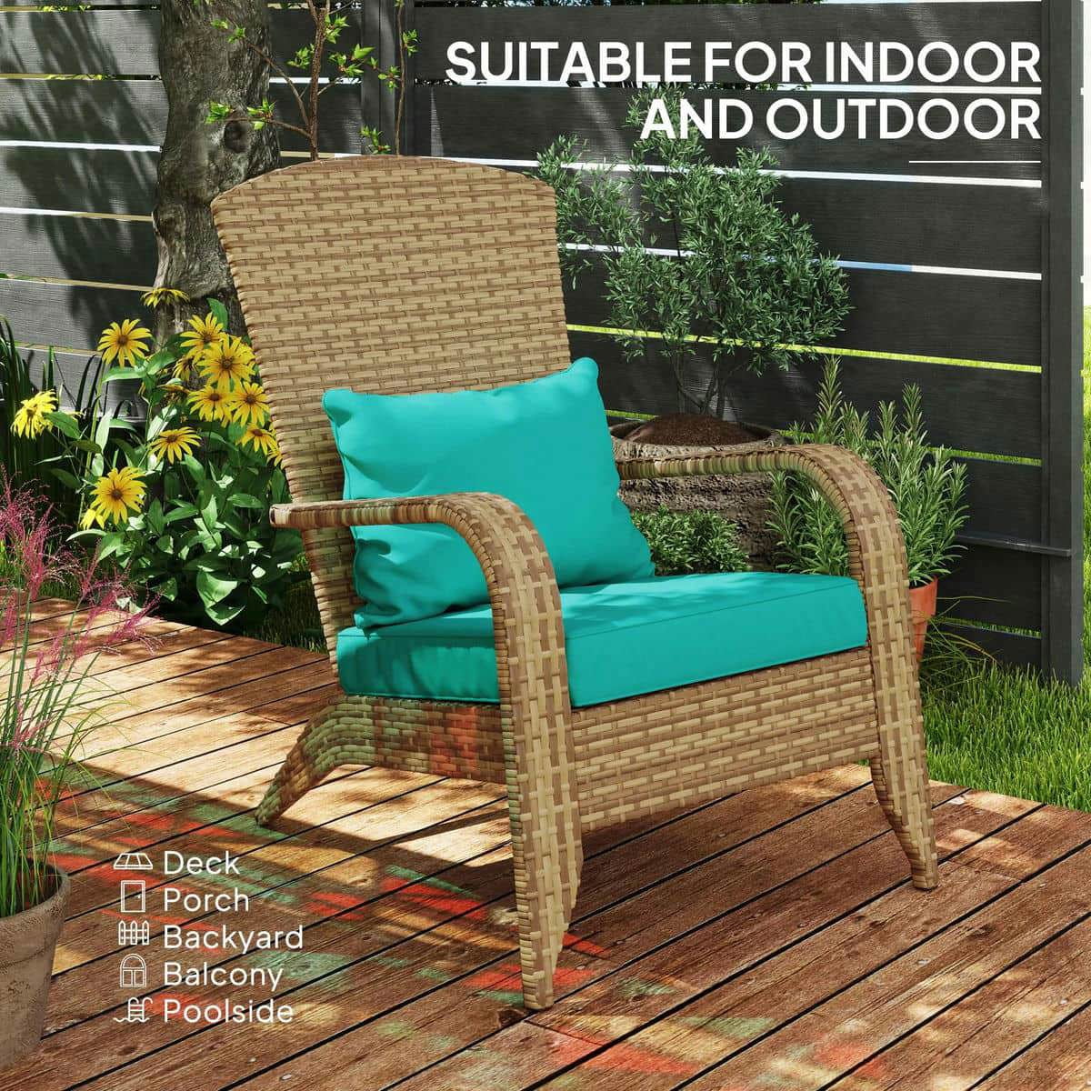 Spaco Patio Adirondack Chair with Rattan Wicker, Rattan Chair with Soft Cushions and Tall Curved Backrest for Outdoor, Sky Blue