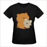 Qussss Womens Soft Graphic O Neck Bear Hug T-Shirts Black Apparel