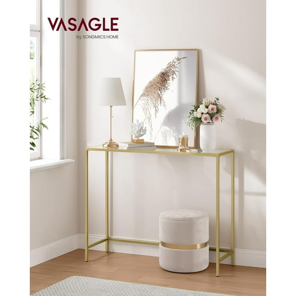 39.4 Inches Console Table, Tempered Glass Sofa Table, Modern Entryway Table, Metal Frame, Easy to Assemble, Adjustable Feet, for Living Room, Hallway, Gold Color