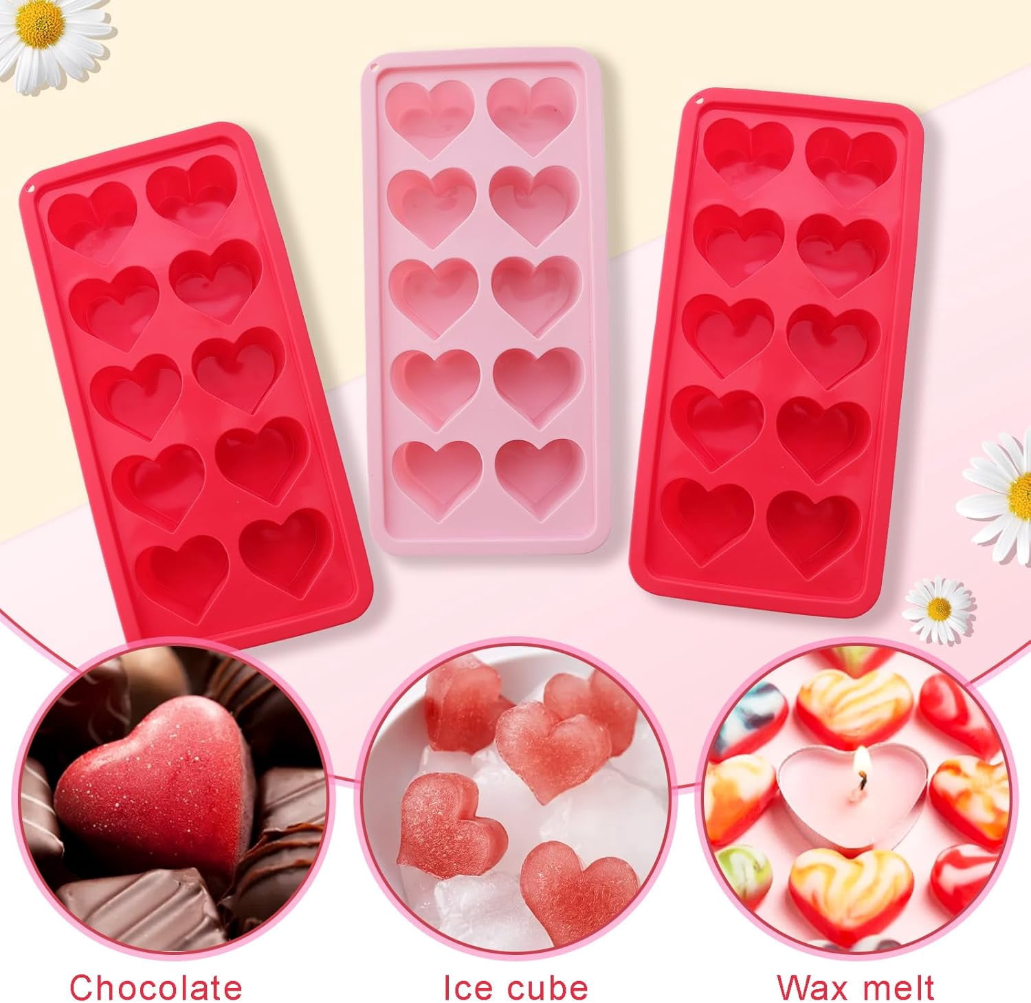 3 Pcs Heart Shaped Ice Cube Trays - 10-Cavity Silicone Molds in Pink & Red for Ice Cubes, Candy & Chocolate