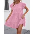 thumbnail image 5 of Pink Solid Ruffle Hem Smock Dress With Flutter Sleeves For Casual Holiday Wear, 5 of 6