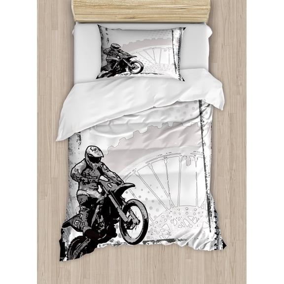 Motorcycle Twin Size Duvet Cover Set, Motocross Racer Image Grungy Background Poster Style Monochromic Artwork Print, Decorative 2 Piece Bedding Set with 1 Pillow Sham, Black White, by Ambesonne