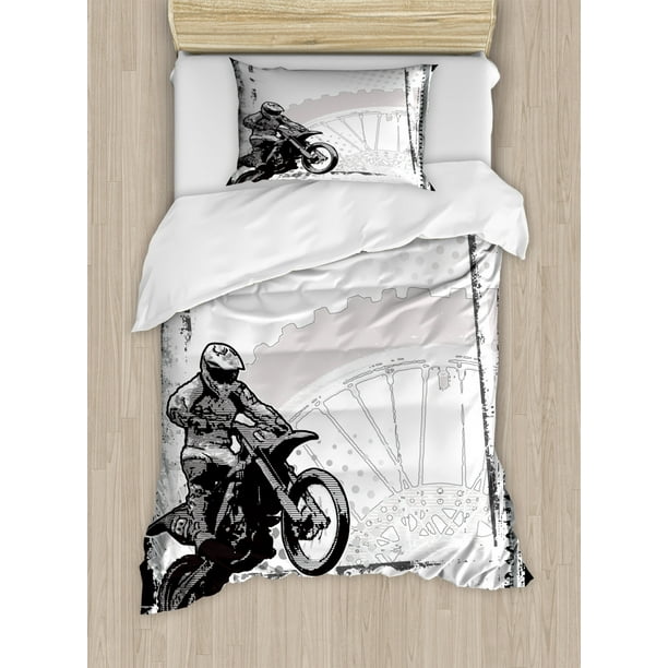 Motorcycle Twin Size Duvet Cover Set, Motocross Racer Image Grungy