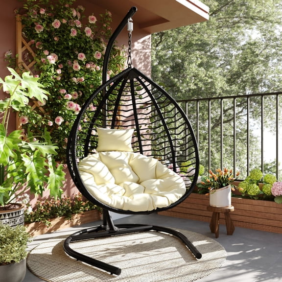 Indoor Outdoor Hanging Hammock Chair with Stand, Foldable Rattan Egg Swing Chair for Porch Garden, Balcony, Indoor