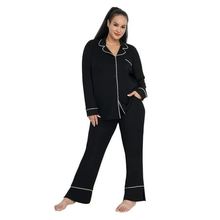 

Lochas Women Pajama Set Button Down Nightwear Sleepwear Homewear Soft 2Pcs Loungewear Set Black 2XL