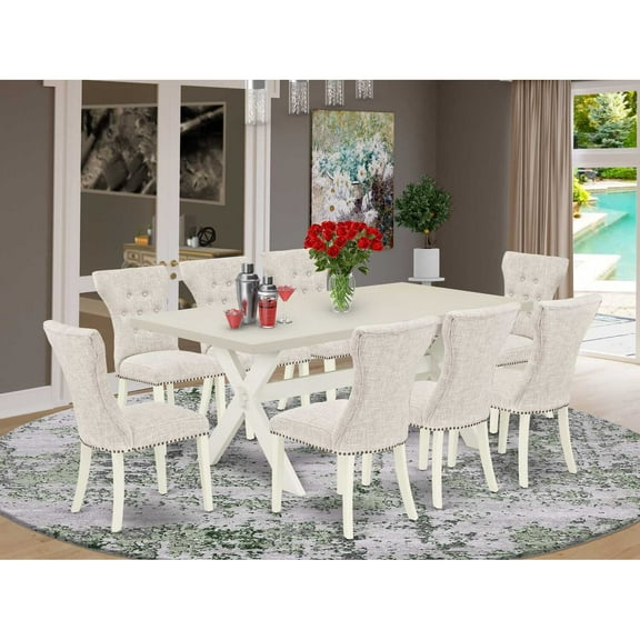 East West Furniture 9-Pc dining room set- 8 Parson Dining Room Chairs with Doeskin Linen Fabric Seat and Button Tufted Chair Back - Rectangular Table Top & Wooden Cross Legs - Linen White and...