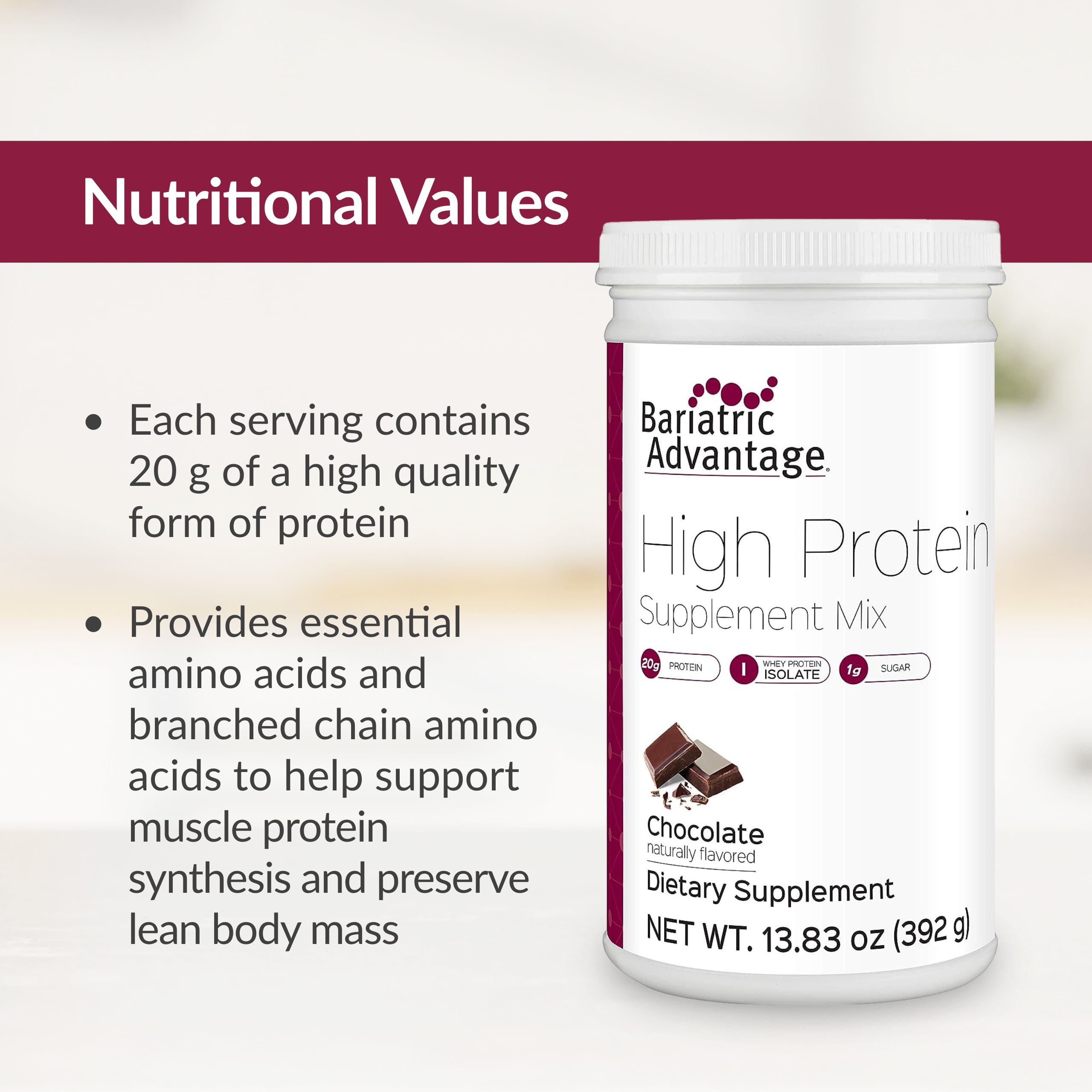 Bariatric Advantage High Protein Supplement Mix - Bariatric Protein Powder - 20 g Protein - For Pre- & Post-Bariatric Surgery Patients - With Iron, Calcium & More - 14 Servings - Chocolate