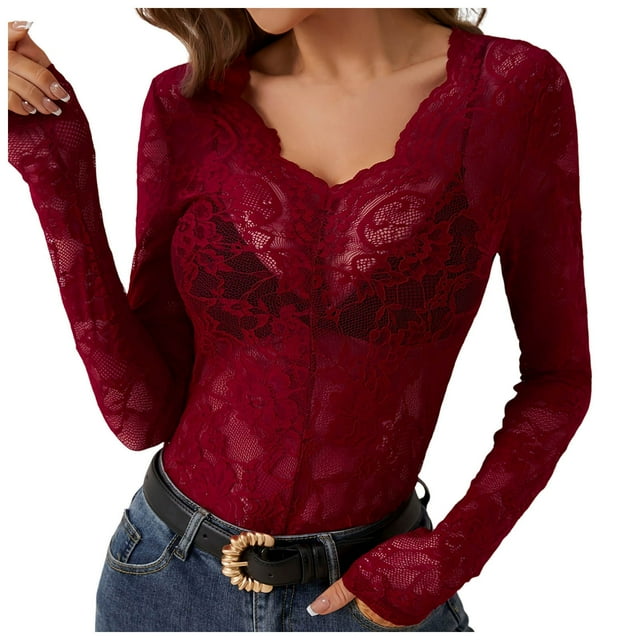 Top de malla transparente para mujer, manga larga, cuello alto con encaje floral, blusa transparente - Camisa ligera con capas, color negro