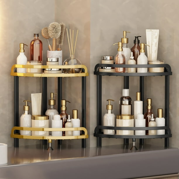 Organizador de carrito de ducha de esquina de pie Hierro inoxidable de 3 niveles | Ganchos adhesivos y jabonera | Oro Negro | Drenaje rápido | Estante de almacenamiento de baño que ahorra espacio