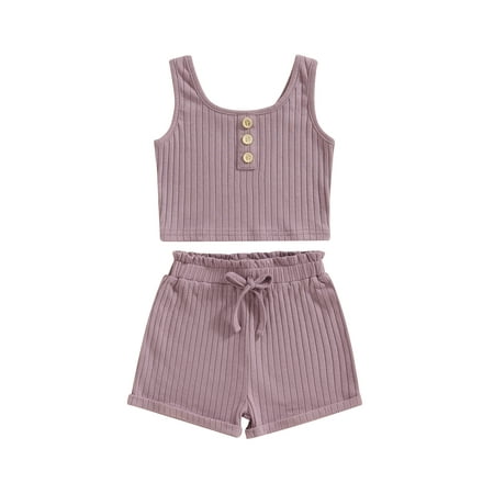 

Tregren Baby Girl Summer Clothes Kids Sleeveless Ribbed Vest T Shirt Top Rolled Shorts 2PCS Sets Toddler Casual Outfits